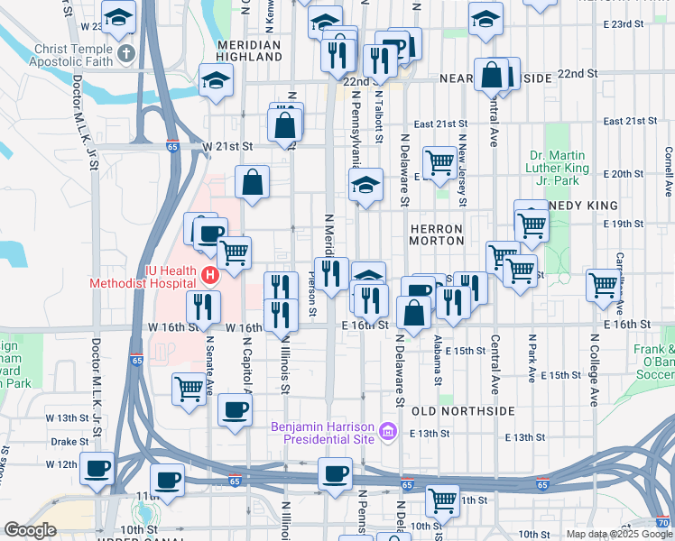 map of restaurants, bars, coffee shops, grocery stores, and more near 1733 North Meridian Street in Indianapolis