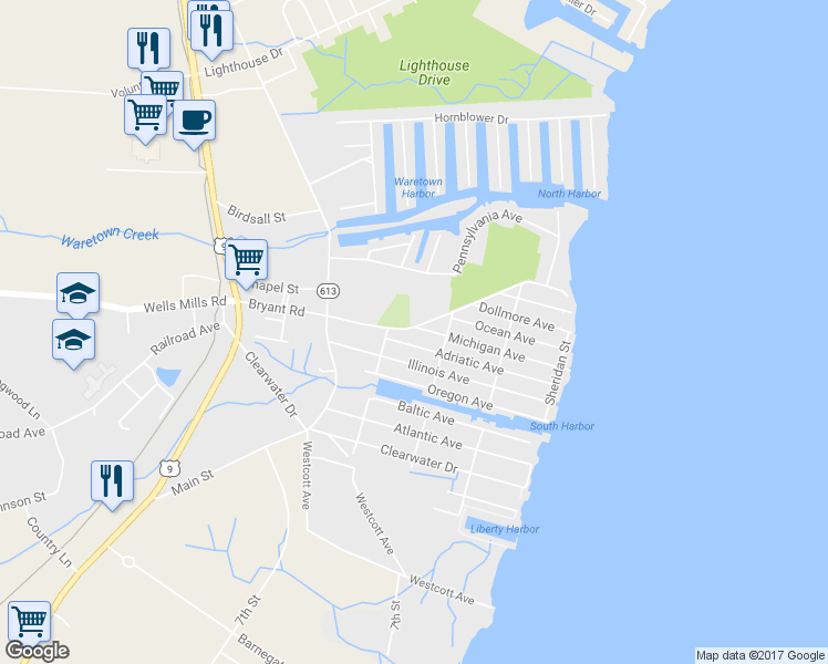 map of restaurants, bars, coffee shops, grocery stores, and more near 56 Bryant Road in Ocean Township