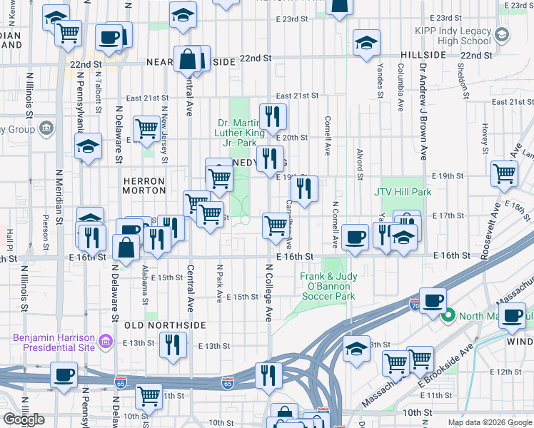 map of restaurants, bars, coffee shops, grocery stores, and more near 1704 North College Avenue in Indianapolis