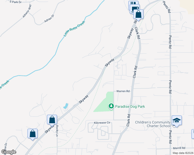 map of restaurants, bars, coffee shops, grocery stores, and more near 8935 Skyway Road in Paradise