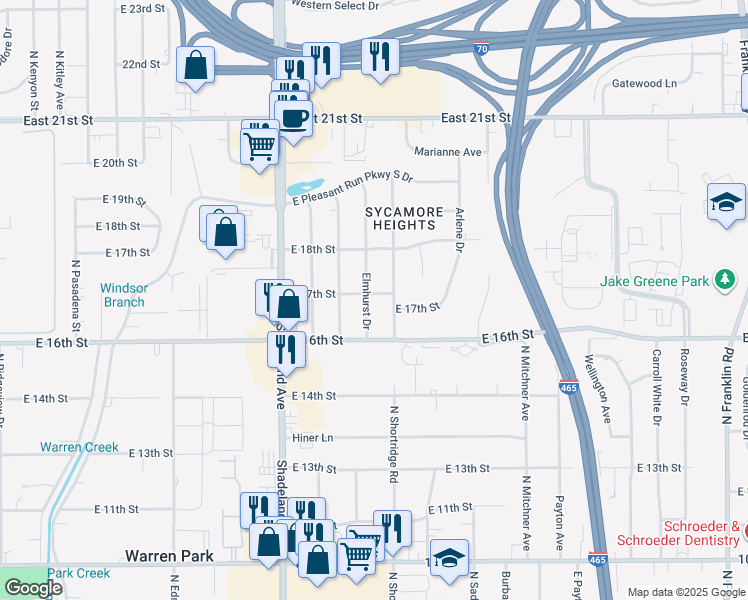 map of restaurants, bars, coffee shops, grocery stores, and more near 1635 Elmhurst Drive in Indianapolis