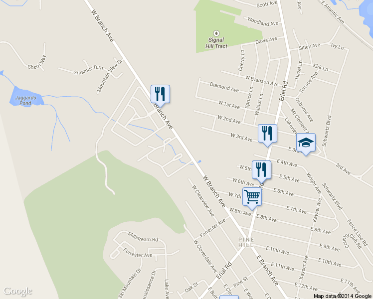 map of restaurants, bars, coffee shops, grocery stores, and more near 205 West Branch Avenue in Pine Hill