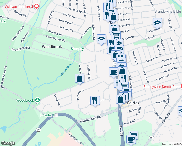map of restaurants, bars, coffee shops, grocery stores, and more near 405 Foulkstone Road in Wilmington