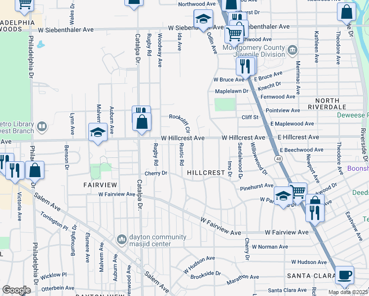 map of restaurants, bars, coffee shops, grocery stores, and more near 2368 Rustic Road in Dayton