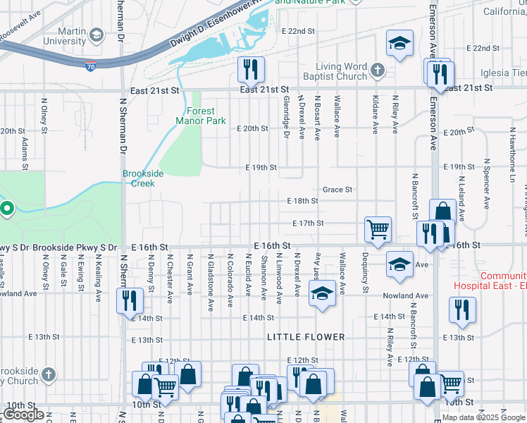 map of restaurants, bars, coffee shops, grocery stores, and more near 1718 North Linwood Avenue in Indianapolis