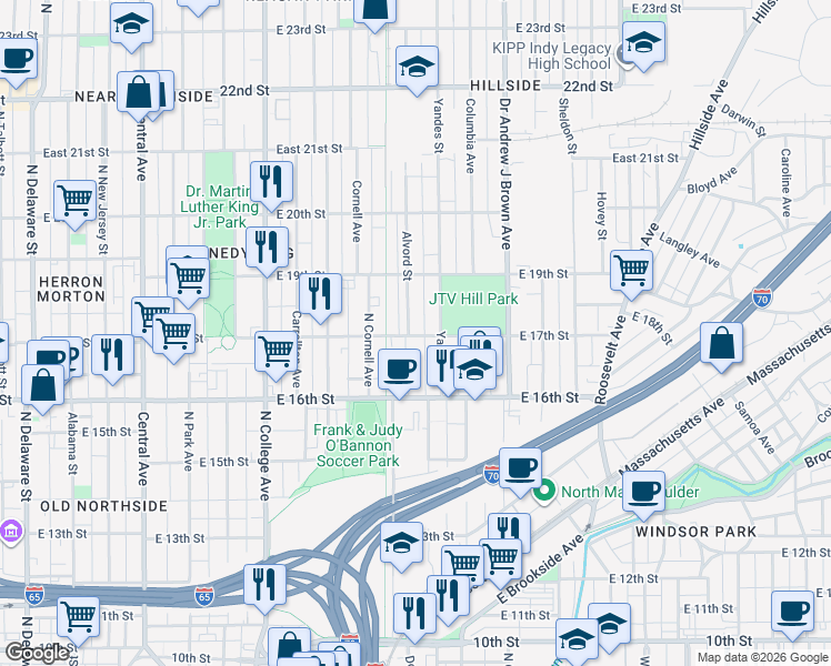 map of restaurants, bars, coffee shops, grocery stores, and more near 1701 Alvord Street in Indianapolis