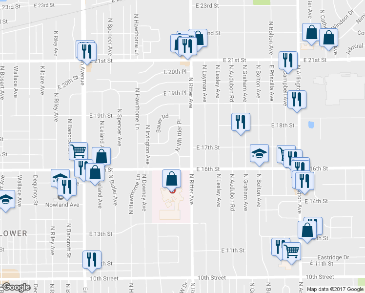 map of restaurants, bars, coffee shops, grocery stores, and more near 1725 N Whittier Pl in Indianapolis