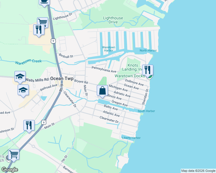 map of restaurants, bars, coffee shops, grocery stores, and more near 56 Bryant Road in Ocean Township