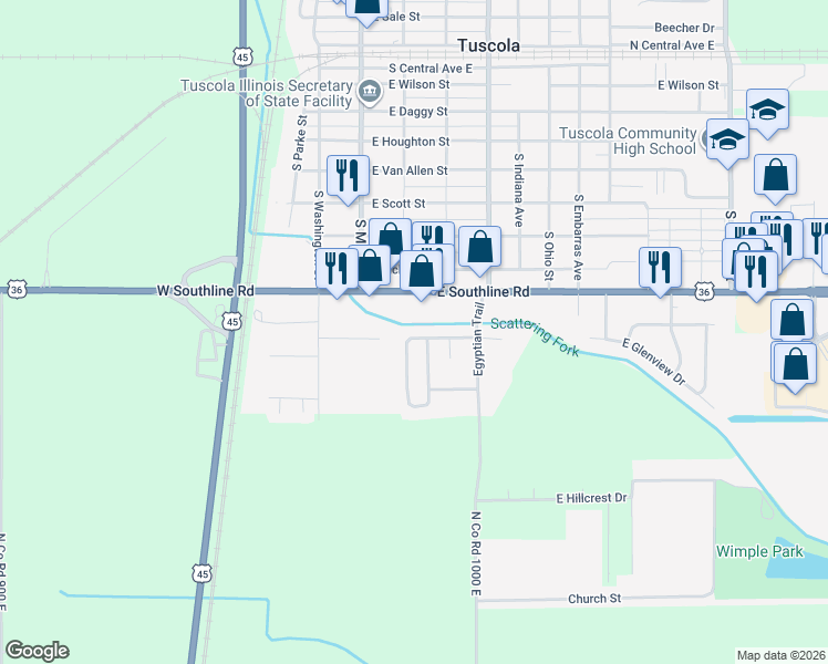 map of restaurants, bars, coffee shops, grocery stores, and more near 546 Southland Circle Drive in Tuscola