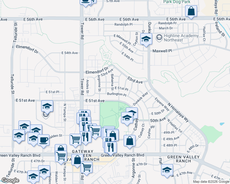 map of restaurants, bars, coffee shops, grocery stores, and more near 18835 Burlington Place in Denver