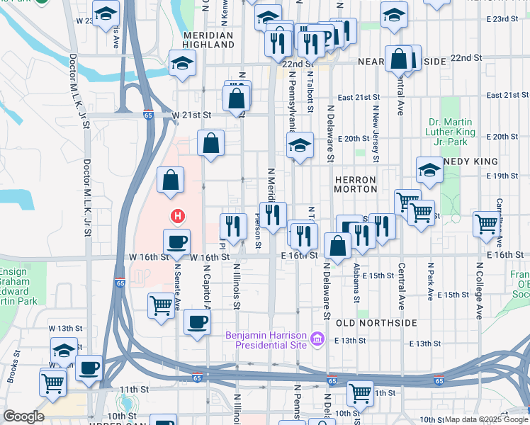 map of restaurants, bars, coffee shops, grocery stores, and more near 1751 North Meridian Street in Indianapolis