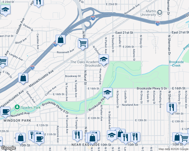 map of restaurants, bars, coffee shops, grocery stores, and more near 1725 North Oxford Street in Indianapolis
