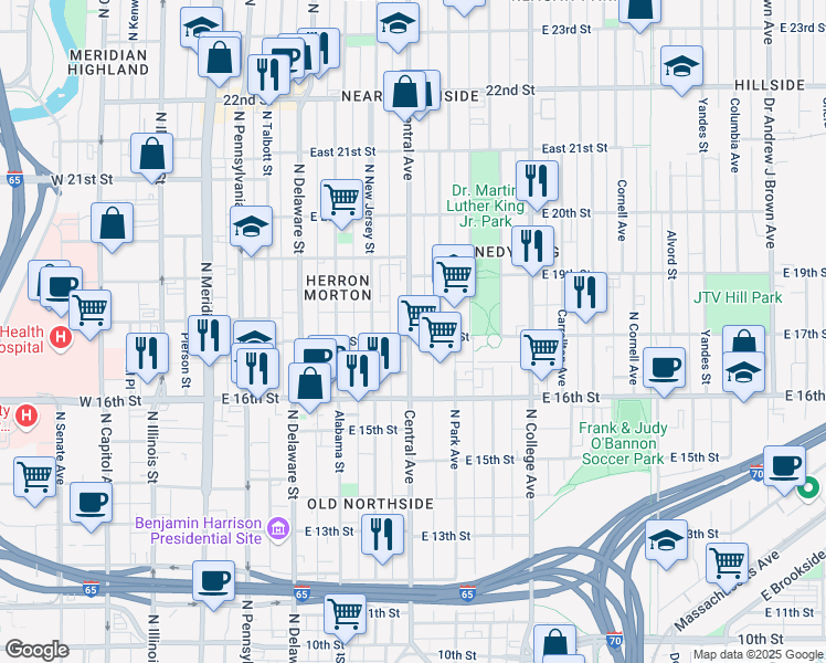 map of restaurants, bars, coffee shops, grocery stores, and more near 1703 Central Avenue in Indianapolis