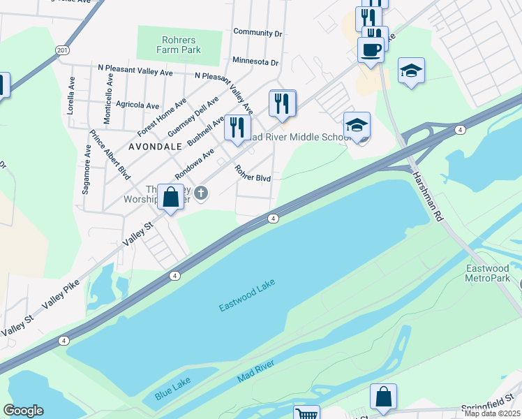 map of restaurants, bars, coffee shops, grocery stores, and more near 45 Hermiston Avenue in Dayton