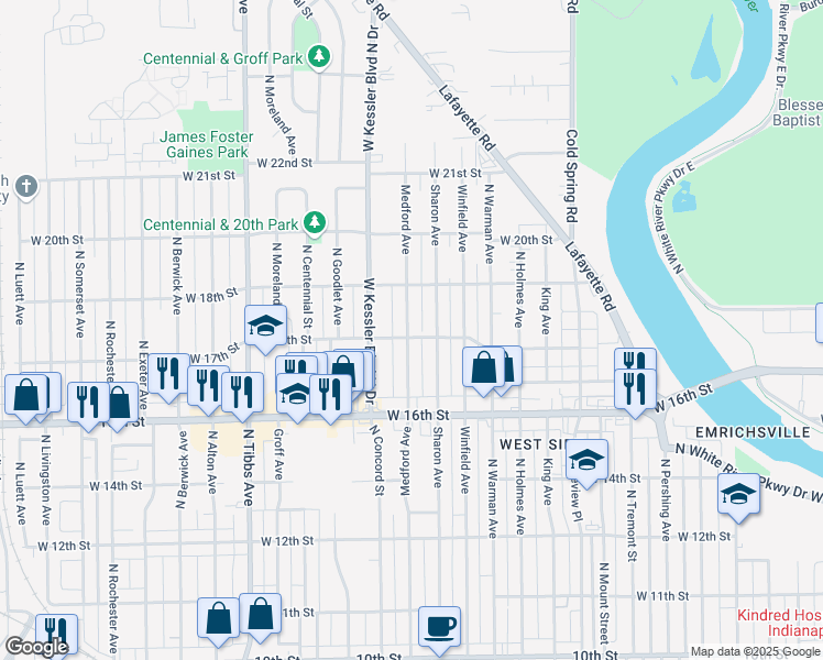 map of restaurants, bars, coffee shops, grocery stores, and more near 1811 Medford Avenue in Indianapolis