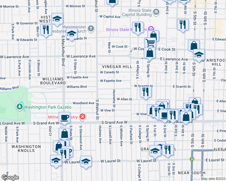 map of restaurants, bars, coffee shops, grocery stores, and more near 500 Williams Street in Springfield