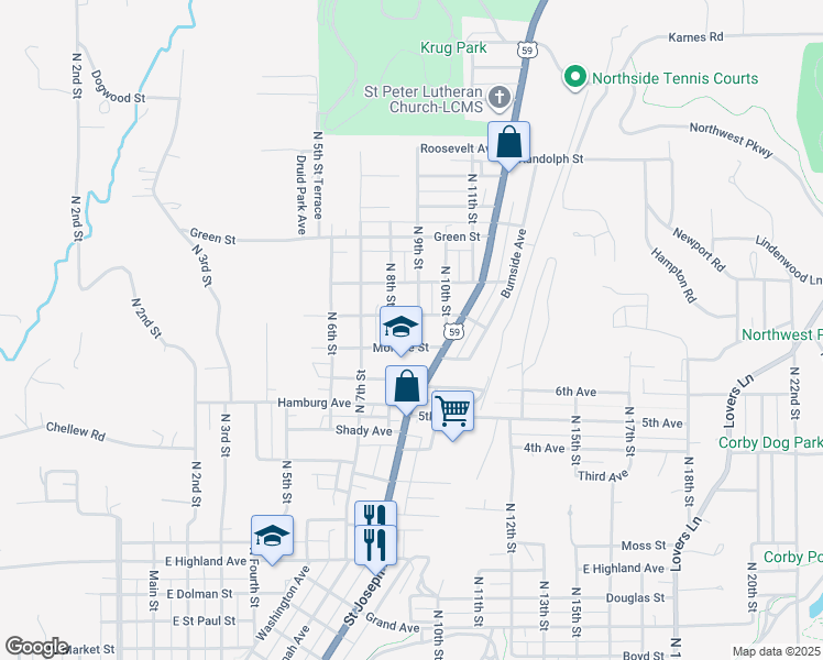 map of restaurants, bars, coffee shops, grocery stores, and more near 2914 North 9th Street in Saint Joseph