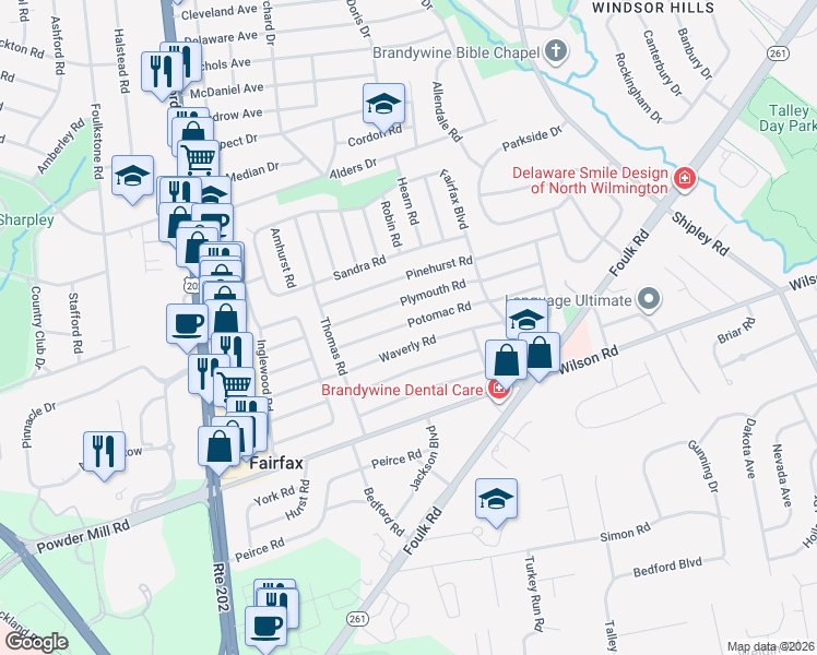map of restaurants, bars, coffee shops, grocery stores, and more near 226 Potomac Rd in Wilmington