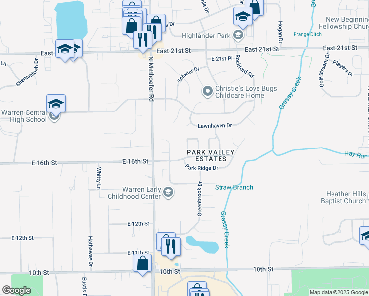 map of restaurants, bars, coffee shops, grocery stores, and more near 1634 Park Chase Place in Indianapolis