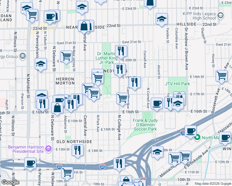 map of restaurants, bars, coffee shops, grocery stores, and more near 1704 North College Avenue in Indianapolis