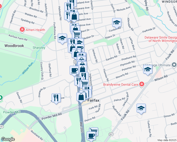 map of restaurants, bars, coffee shops, grocery stores, and more near 2104 Inglewood Road in Wilmington
