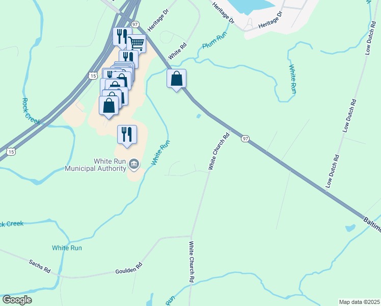 map of restaurants, bars, coffee shops, grocery stores, and more near 51 White Church Road in Gettysburg
