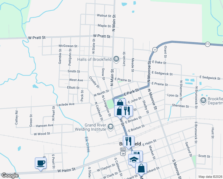 map of restaurants, bars, coffee shops, grocery stores, and more near 100 West North Street in Brookfield