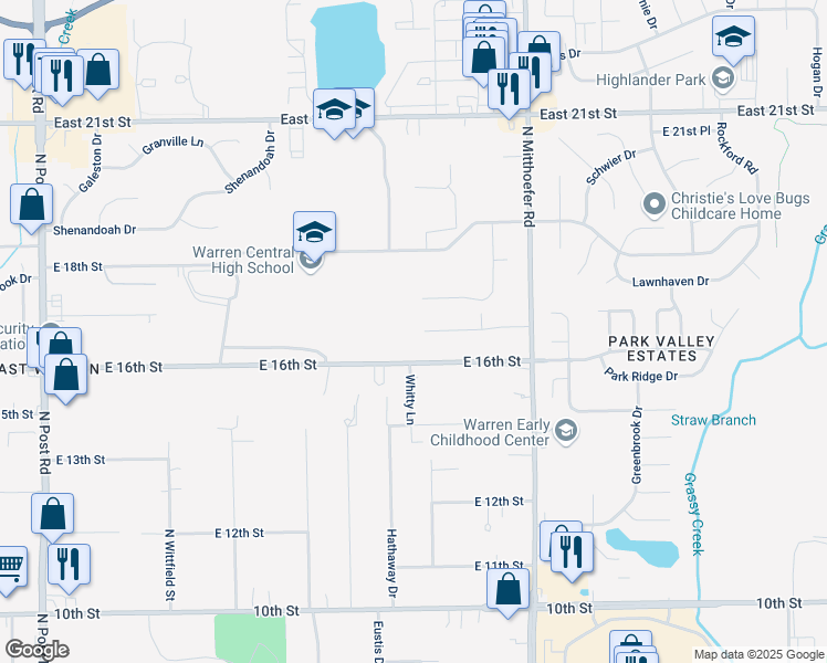 map of restaurants, bars, coffee shops, grocery stores, and more near 9711 East 17th Street in Indianapolis