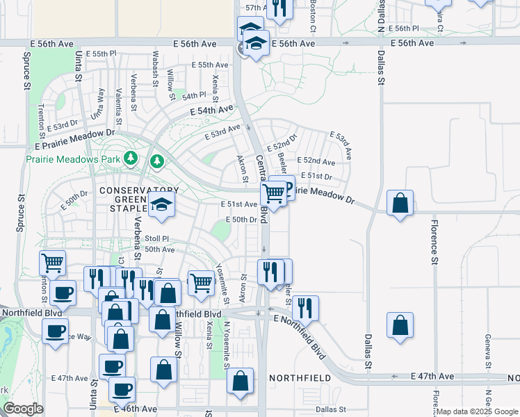 map of restaurants, bars, coffee shops, grocery stores, and more near 5089 Central Park Boulevard in Denver