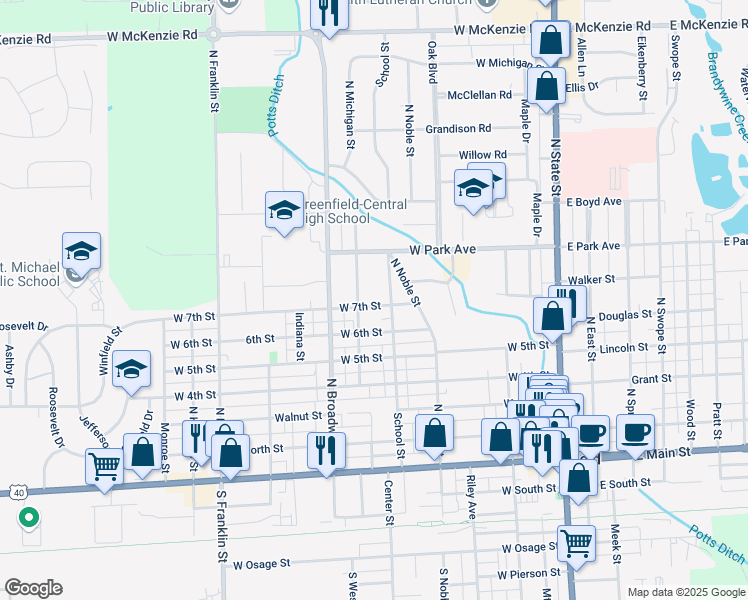 map of restaurants, bars, coffee shops, grocery stores, and more near 608 West 7th Street in Greenfield