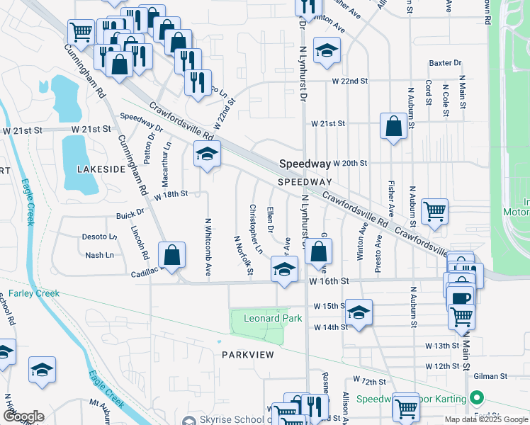 map of restaurants, bars, coffee shops, grocery stores, and more near 1758 Ellen Drive in Speedway