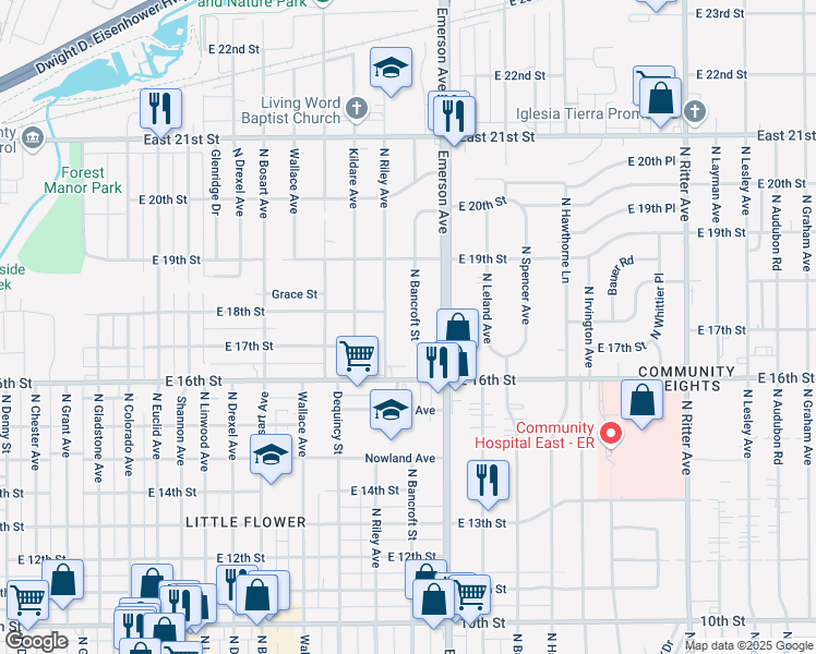 map of restaurants, bars, coffee shops, grocery stores, and more near 1722 North Bancroft Street in Indianapolis