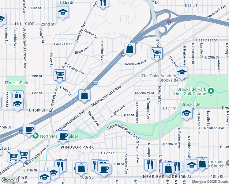 map of restaurants, bars, coffee shops, grocery stores, and more near 2243 Massachusetts Avenue in Indianapolis