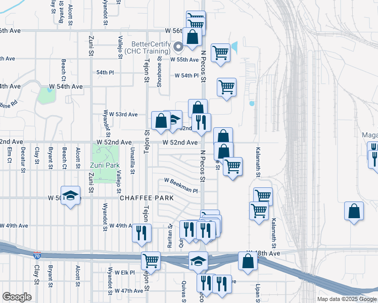 map of restaurants, bars, coffee shops, grocery stores, and more near 1745 West Berkeley Place in Denver