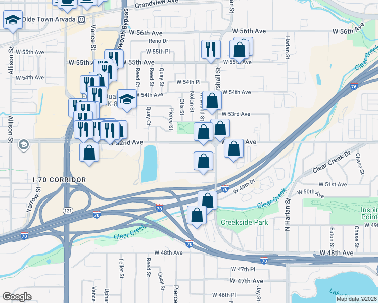 map of restaurants, bars, coffee shops, grocery stores, and more near 6770 West 52nd Avenue in Arvada