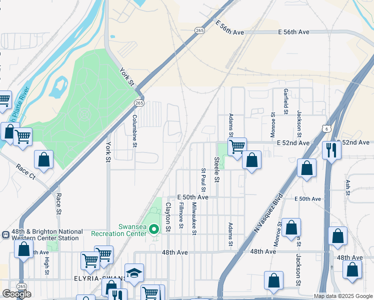 map of restaurants, bars, coffee shops, grocery stores, and more near 5170 Milwaukee Street in Denver