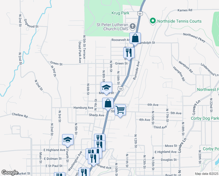 map of restaurants, bars, coffee shops, grocery stores, and more near 2914 North 9th Street in Saint Joseph
