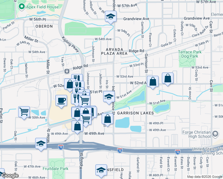 map of restaurants, bars, coffee shops, grocery stores, and more near 9605 West 51st Place in Arvada