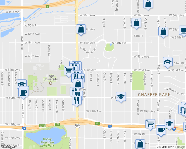 map of restaurants, bars, coffee shops, grocery stores, and more near 5164 Elm Court in Denver