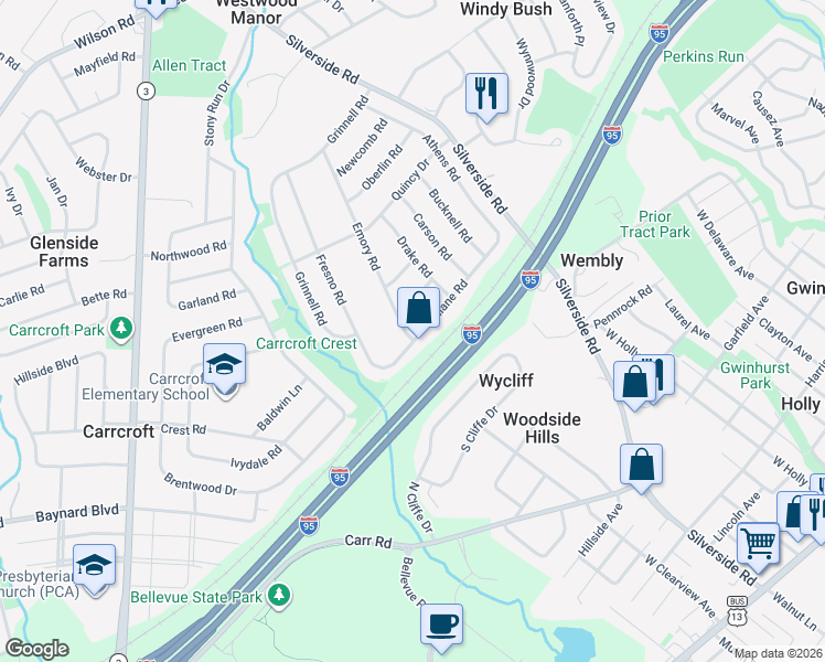 map of restaurants, bars, coffee shops, grocery stores, and more near 1301 Tulane Road in Wilmington