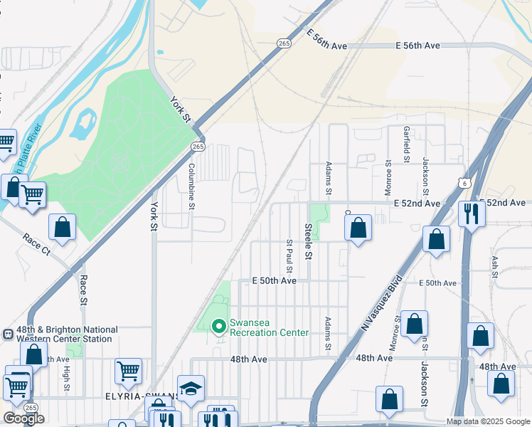 map of restaurants, bars, coffee shops, grocery stores, and more near 5170 Milwaukee Street in Denver