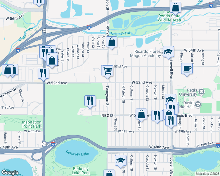 map of restaurants, bars, coffee shops, grocery stores, and more near 5168 Tennyson Street in Denver