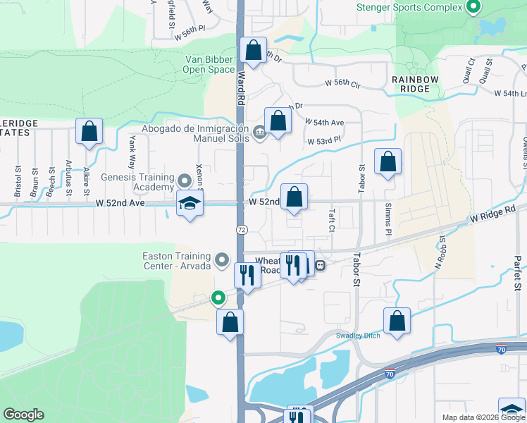 map of restaurants, bars, coffee shops, grocery stores, and more near 12215 West 52nd Avenue in Wheat Ridge