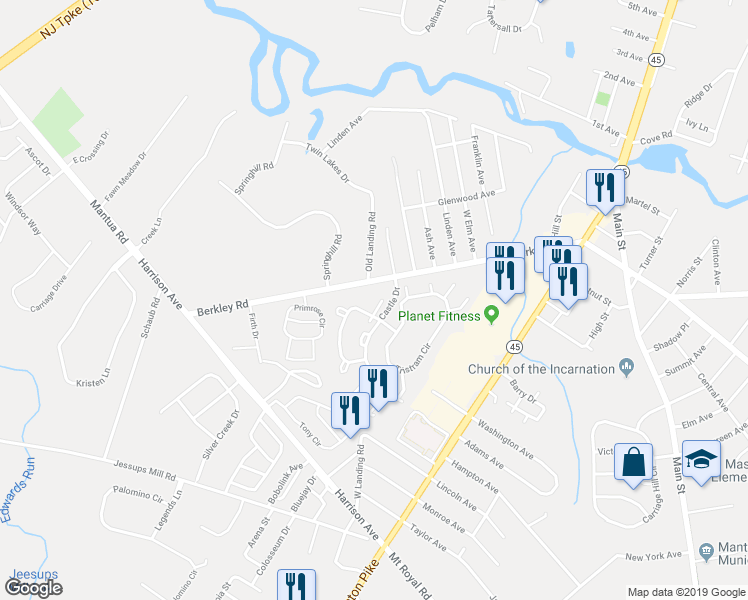 map of restaurants, bars, coffee shops, grocery stores, and more near 100 Pendragon Way in Gloucester County