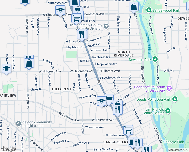 map of restaurants, bars, coffee shops, grocery stores, and more near 2805 North Main Street in Dayton