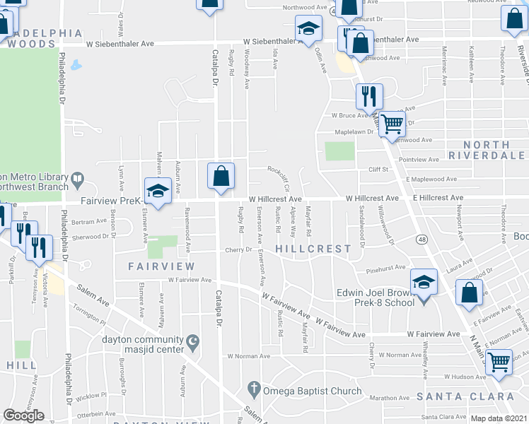 map of restaurants, bars, coffee shops, grocery stores, and more near 2365 Emerson Avenue in Dayton