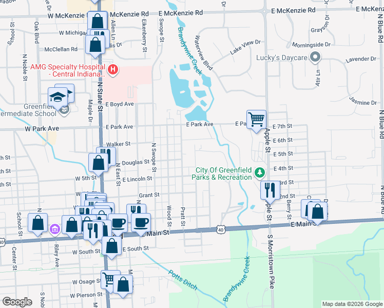 map of restaurants, bars, coffee shops, grocery stores, and more near 505 Pratt Street in Greenfield