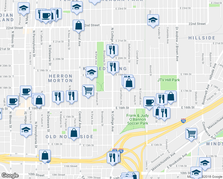 map of restaurants, bars, coffee shops, grocery stores, and more near 1704 North College Avenue in Indianapolis
