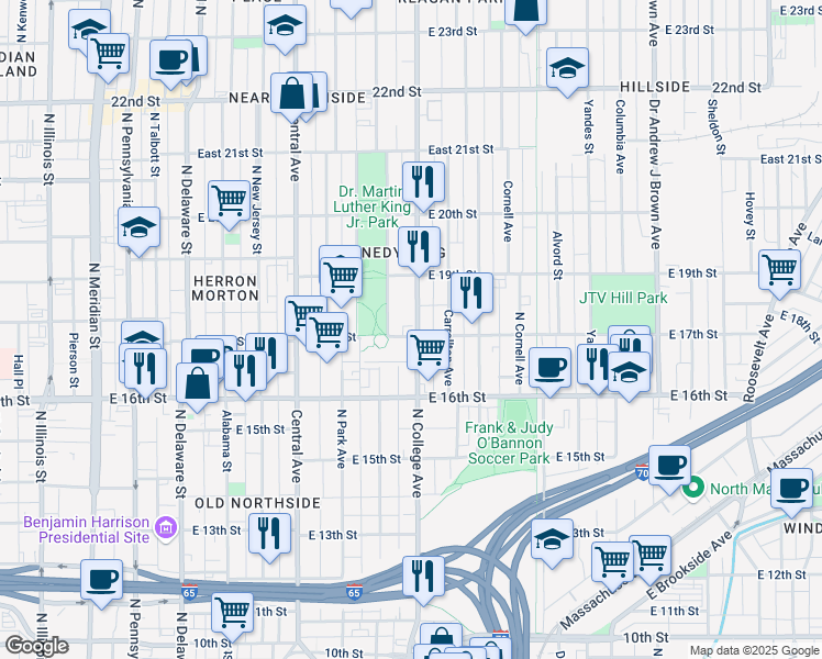 map of restaurants, bars, coffee shops, grocery stores, and more near 1704 North College Avenue in Indianapolis