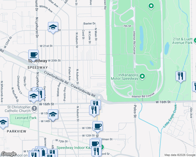map of restaurants, bars, coffee shops, grocery stores, and more near 1818 Georgetown Road in Speedway